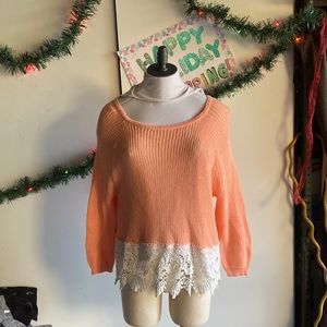 Frenchi Size Medium Knit Long Sleeve Sweater Peach Lace Trim Bottom of sweater